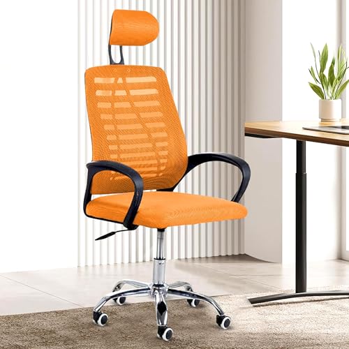 Image of Casa Copenhagen,Mesh Office Desk Chair,Rocking Ergonomic Computer Chair Adjustable High with Headrest and Comfortable Armrest Swivel -Orange & Coal Black Handle