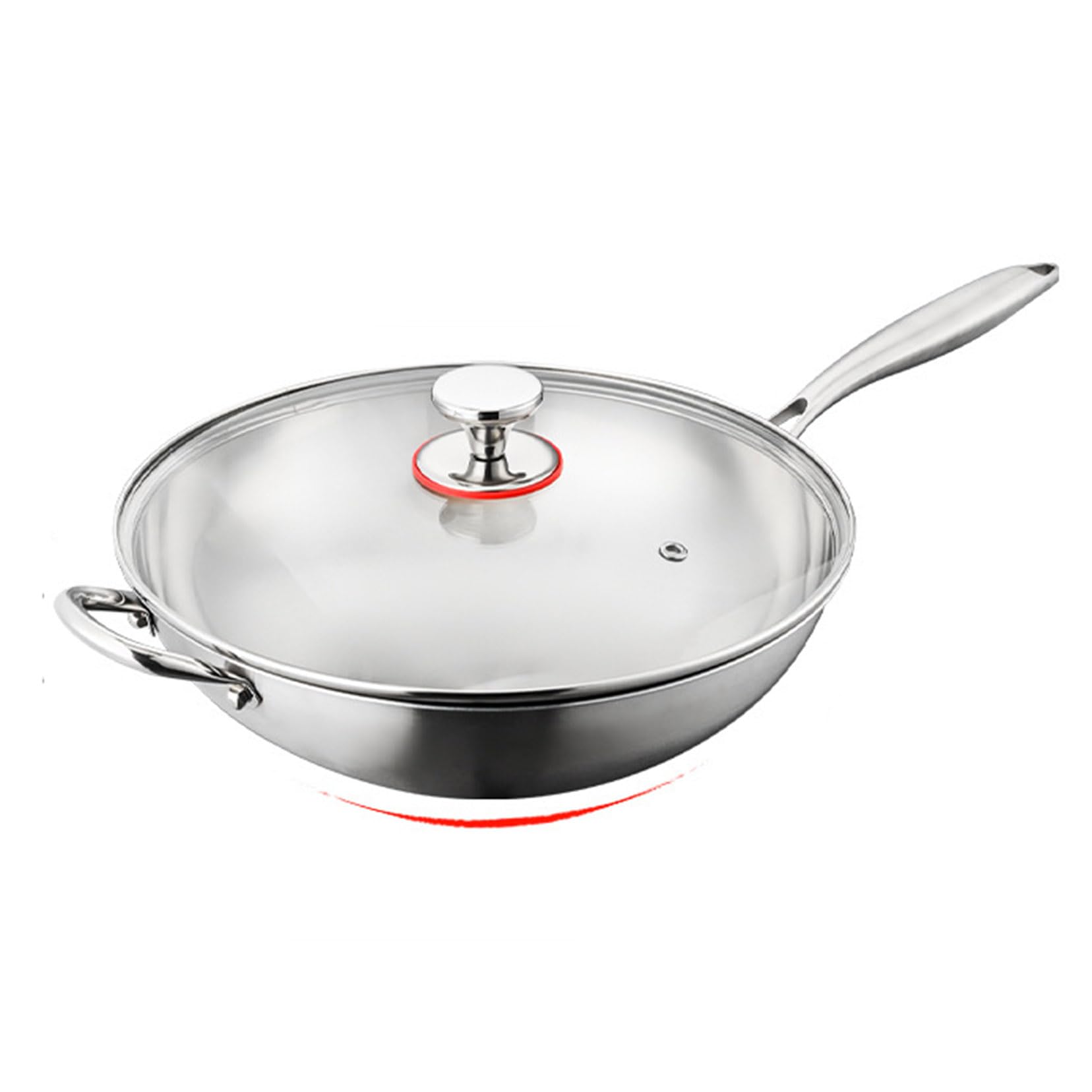 Patelnia wok ze stali nierdzewnej 316 z pokrywką, 32 cm, 34 cm, 36 cm, z uchwytem bocznym, okrągłe dno, patelnie do smażenia do 315°C, nadaje się do kuchenek indukcyjnych 32 cm