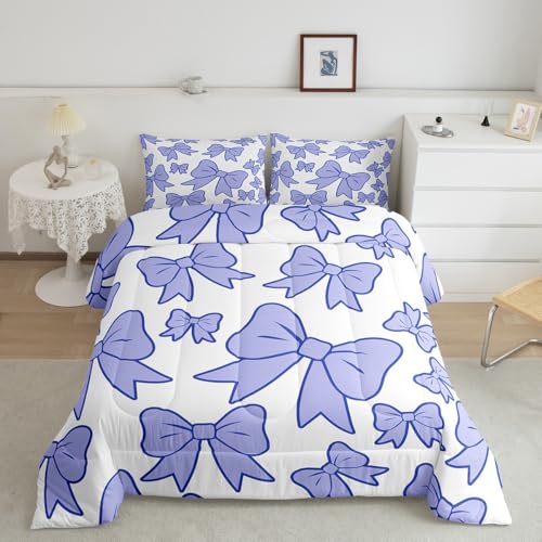 jejeloiu Aesthetic Bow Comforter Set Toddler Size Girls Kawaii Bownkot Coquette Bedding Set for Women Teens Girly Design Duvet Quilt Breathable Soft Lightweight Microfiber Light Purple Room Decor