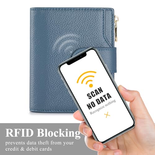 Genuine Leather Wallets for Women RFID Blocking Bifold with Zipper Pocket, 2 ID Windows, 18 Card Slots, Blue3