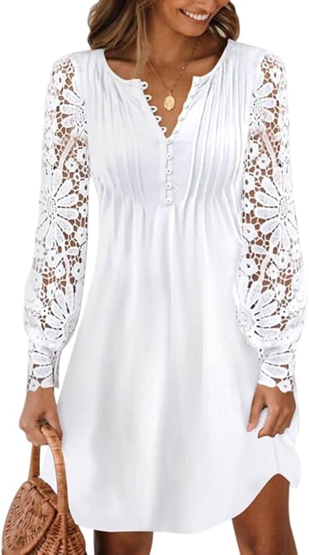 Minetom Dentelle Robe Femmes Élégante Col V Mini Vacances Plage Soirée Fête Casual Tunique Shirt