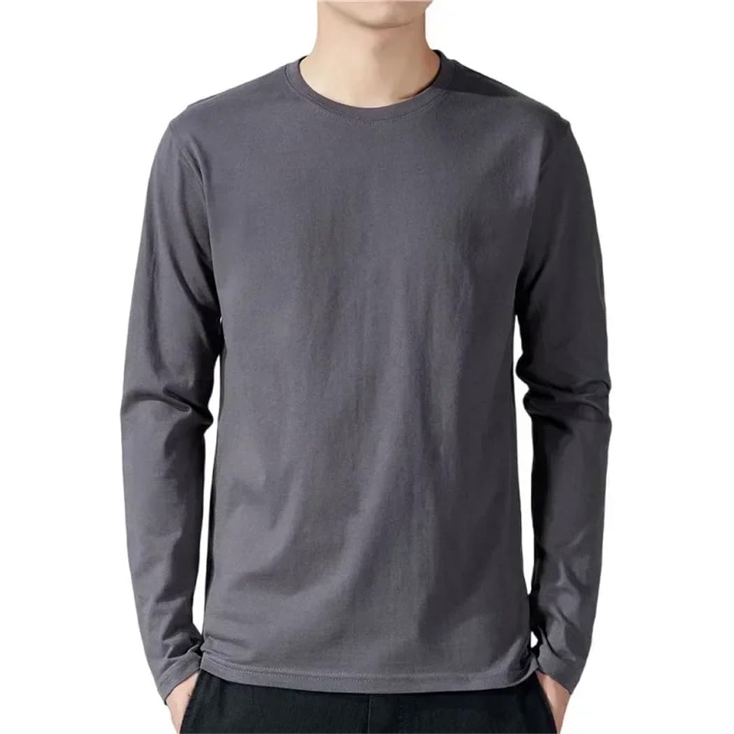 Camiseta de manga larga de algodón para hombre, color liso, cuello redondo, casual, camiseta básica para uso diario