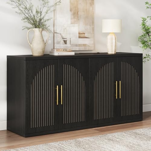 Image of 63 inch Buffet Cabinet, Fluted Sideboard Cabinet with Storage, Wood Black
