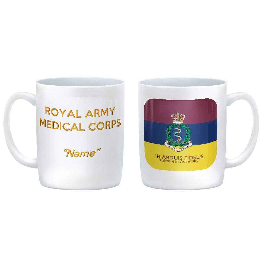 HQ Gift IdeasPersonalised ROYAL ARMY MEDICAL CORPS RAMC Ceramic Mug showing a picture of the Corps badge on a Corps tie pattern with the motto In Arduis Fidelis “Faithful in Adversity