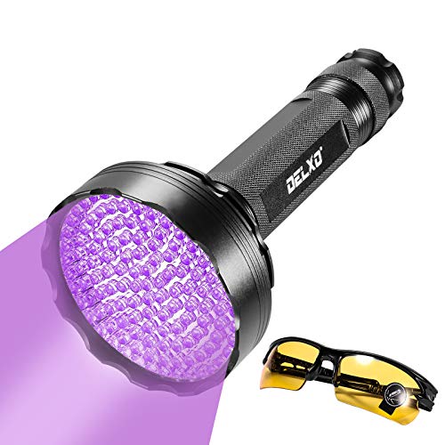 Delxo Black Light Flashlite UV Flashlight 128 LEDs 395nm Inspection Flash light Torch Pet Dog Cat Urine Detector with With UV Sunglasses, UV Handheld Blacklight for Scorpion Hunting, Home Stains