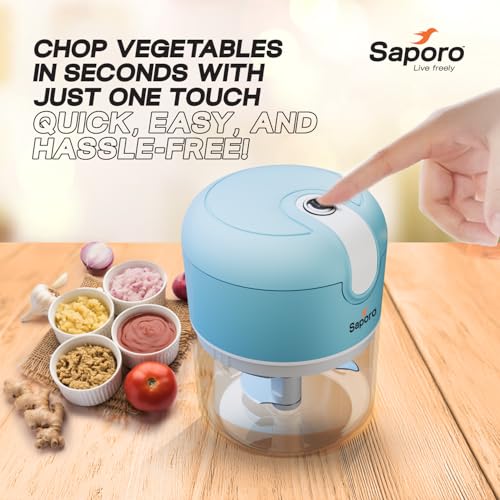 Image of Saporo Strike Mini Rechargeable Vegetable Chopper for Kitchen - One Touch Operation - 3 Stainless Steel Blades for Chopping Onion, Mincing Garlic, Nuts, Meats - 250 ml Capacity, Blue