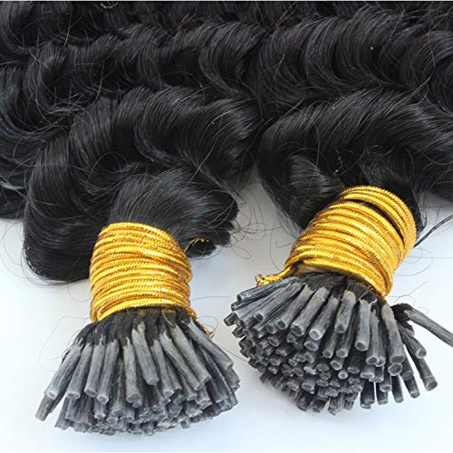 Loose Deep Curly Micro Link Hair Extensions Human Hair I Tip 1g/strand 100g Brazilian Machine Remy Pre-bonded Curly Nano I Tip Hair (14inch, Color 1#)