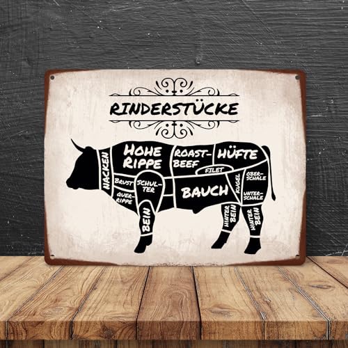Rinderstücke BBQ Beef Fleischstücke Metallschild XL in 21x28 cm Blechschild für den Grill als Dekoration für Grillfans und Fleischesser