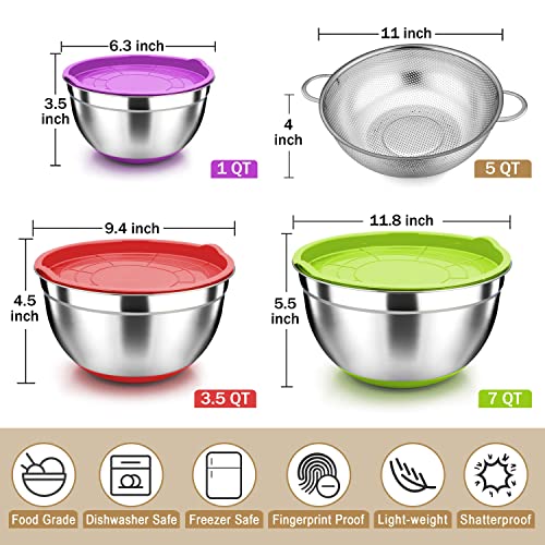 Herogo Mixing Bowls With Airtight Lids & Colander, 4Pcs Stainless Steel Nesting Bowls With Non-Slip Silicone Bottom For Mixing, 4 Size, 7, 5, 3.5, 1Qt, Large Metal Strainer For Kitchen, Multicolor #TOP1