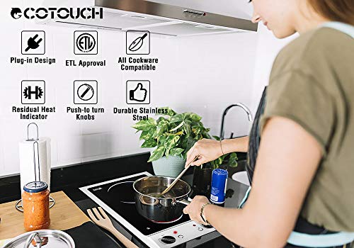 Electric Cooktop, ECOTOUCH 2 burner electric cooktop 120V Stove Top Built In, 12 inch Radiant Cooktop with Stainless Steel, Plug In