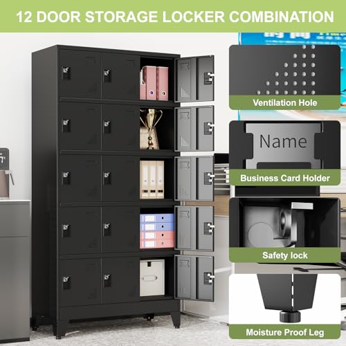 Image of Metal Lockers for Employees, 15 Doors Black Steel Storage Locker Cabinet | Heavy Duty Employee Lockers with Name Card Holders & Ventilation Holes for Office School Gym Garage, Easy Assembly