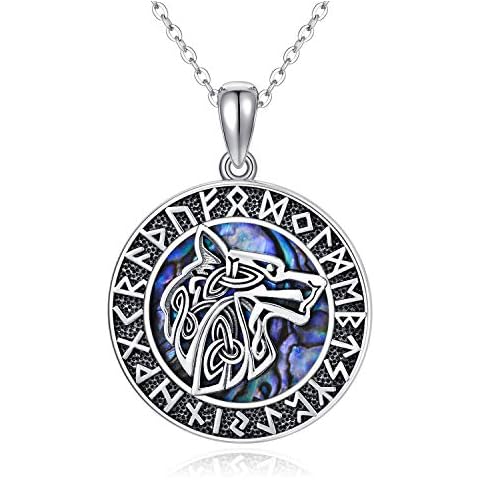 CHENGHONG Wolf Necklace 925 Sterling Silver Abalone Shell Wolf Pendant Medallion Viking Necklace for Men Wolves Amulet And Talisman Jewelry Christmas Gifts for Women Cover
