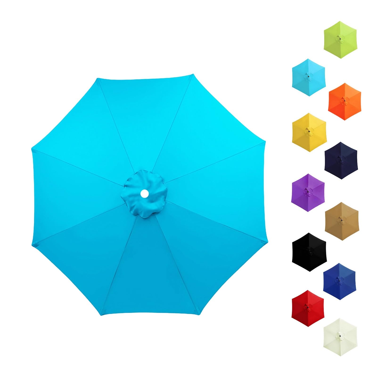 Garden Replacement Parasol Canopy 6/8 Ribs, 2.0m 2.15m 2.30m 2.5m 2.7m 3.0m 3.5m Anti-UV Patio Umbrella Replacement Canvas, Waterproof Parasol Fabric Cover for Market(Lake blue,3.0m/6 Arms)