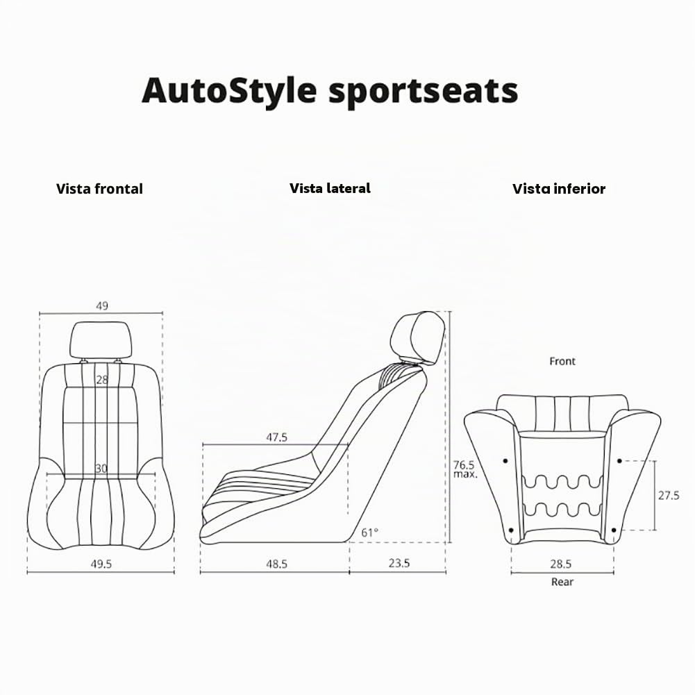 AUTO-STYLE Asiento Deportivo 'Classic' - Cuero Artificial Negro - Respaldo Fijo + Cabezal - incl. Correderas