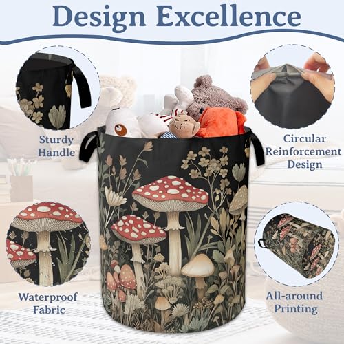 Image of Red Mushrooms Laundry Basket,Foldable Waterproof Oxford Cloth Tote Bag Wildflower Plant Berries Laundry Hamper with Handles,20.8 inchx16 inch Clothes Storage Bucket Organizer for Laundry Room Bathroom Bedroom