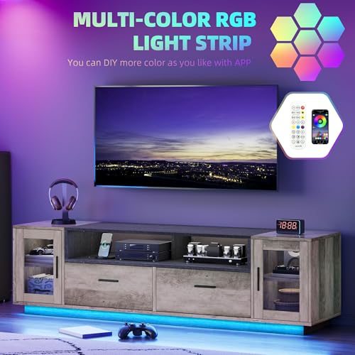 DWVO Modern TV Stands for Living Room with Power Outlets, Farmhouse TV Stand for 65+ inch TV, LED Entertainment Center with Storage Cabinet, TV Console Cabinet, Gaming Media Stand, Rustic Grey