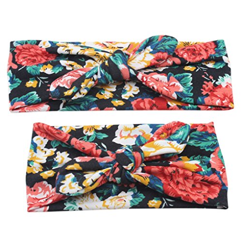Mengonee 2pcs mamá de los niños de la impresión floral de Bohemia Hairband turbante nudo oídos de conejo diadema de la madre del bebé Headwear elástico