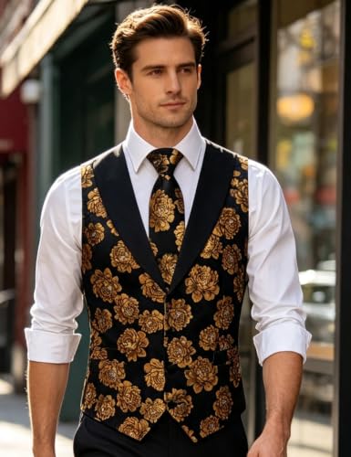 Image of DiBanGu Mens Paisley Suit Vest Silk Jacquard Waistcoat and Necktie Set Formal Shawl Collar Dress Vest 7PCS for Wedding Party