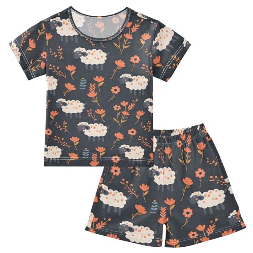 ALAZA Sheep Flower Vintage Pajamas Short Sleeve 2 Piece Sleepwear Top and Bottom Pajama Set Unisex