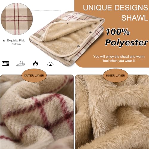 Vijamiy Poncho Damen Winter Wärme, Fleece Poncho Thermo-Strickjacke Cape,Mit Metallschließe Flanell Rollstuhldecke Warmhalten Decke Damen im Winter(Khaki,M)