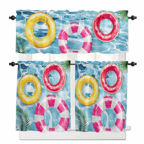 Summer Pool Kitchen Curtains 36 Inch Length, 3 Piece Rod Pocket Small Half Tiers and Valance Set, Blue Water Red Orange Swimming Ring Art Small Large Window Treatment Decor for Bedroom/Bathroom Sink