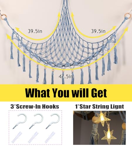 Image of Stuffed Animal Toy Storage Hammock with LED Light-Macrame Jumbo Doll Room Organizer Mesh Decoration-Hanging Storage Nets Kids Bedroom(Blue Beads)
