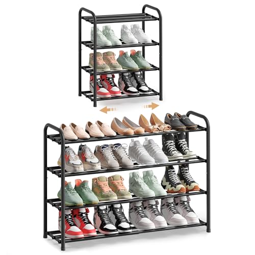 Image of SONGMICS Expandable Shoe Rack, Adjustable Shoe Organizer Storage Shelf, Sturdy and Heavy-Duty, for Closet, Entryway, Living Room, 4-Tier, Ink Black ULMR046BD01