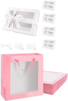 PACKQUEEN 5 White Gift Boxes with Windows 9x6.5x3.8 Inches, 12pcs Pink Gift Bags with Transparent Window 10x4.5x11 Inches