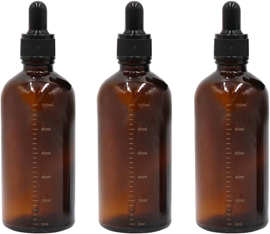 3 Pcs 100ML Empty Amber Glass Graduated Scale Dropper Bottles with Pipette Droppers and Black Rubber Heads Refillable Perfumes Aromatherapy Essential Oil Makeup Storage Container Vials