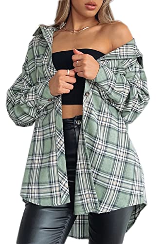 Image of CHYRII Womens Button Down Flannel Shirts Long Sleeve Plaid Shackets Business Casual Blouse Top