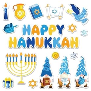 Whaline 2 Sheet Hanukkah Thick Gel Clings Blue Gold Menorah Star Gnome Window Gel Decals for Home School Office Chanukah Party Decor