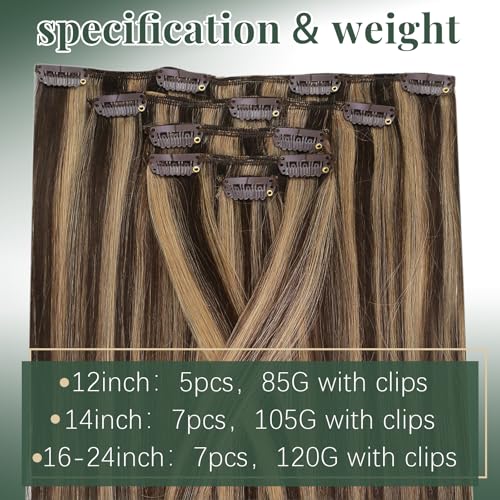 Image of Ugeat Human Hair Extensions Clip ins Highlight 12 Inch 5pcs 85g Softness | Hair Extensions Real Human Hair Clip ins , Chocolate Brown Highlights Caramel Blonde , Shoulder Length