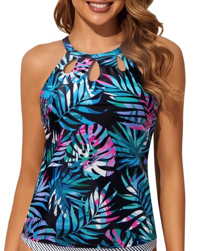 Image of Tempt Me High Neck Tankini Top Backless Bathing Suit for Women Key Hole Swimsuit Swim Top Only