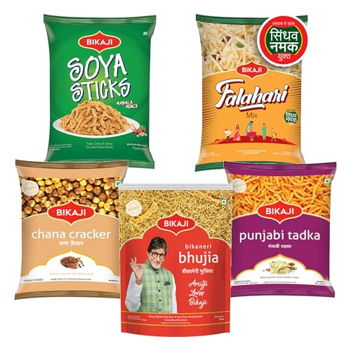 Bikaji Snacks Combo – SOYA STICKS & BHUJIA & FALHARI MIX & PUNJABI TADKA & ROASTED CHANA CRACKER | 5 Pack Variety | Bar Snacks, Party Mix & Tea-Time Treats – 1 Kg