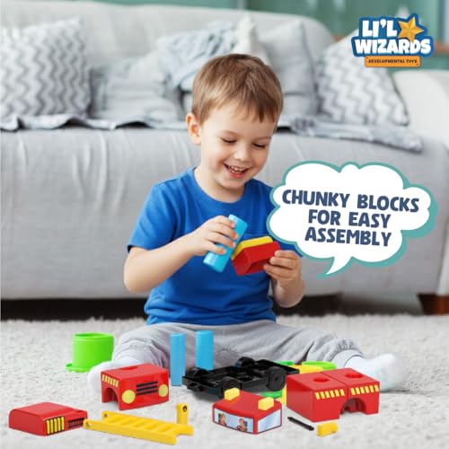 Image of Li'l Wizards Build Your Own Fire Truck Toy|Build Stack Play|Construction & Stacking Blocks for Kids|Shape Identification STEM Learning & Developmental Toy|Pull Along Vehicle|Gift for 2-5 Years Kids