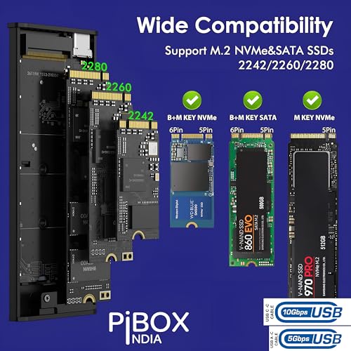 Image of NVME M.2 Fan Enclosure, PiBOX India Dual protocol NVMe /NGFF SATA SSD Enclosure Smart Fan- USB 3.2 10Gbps, Tool-Free M.2 NVMe Case, PCI-E NVMe to USB-C, Supports M, B&M Keys 2230 /2242 /2280 SSD RTL9210B