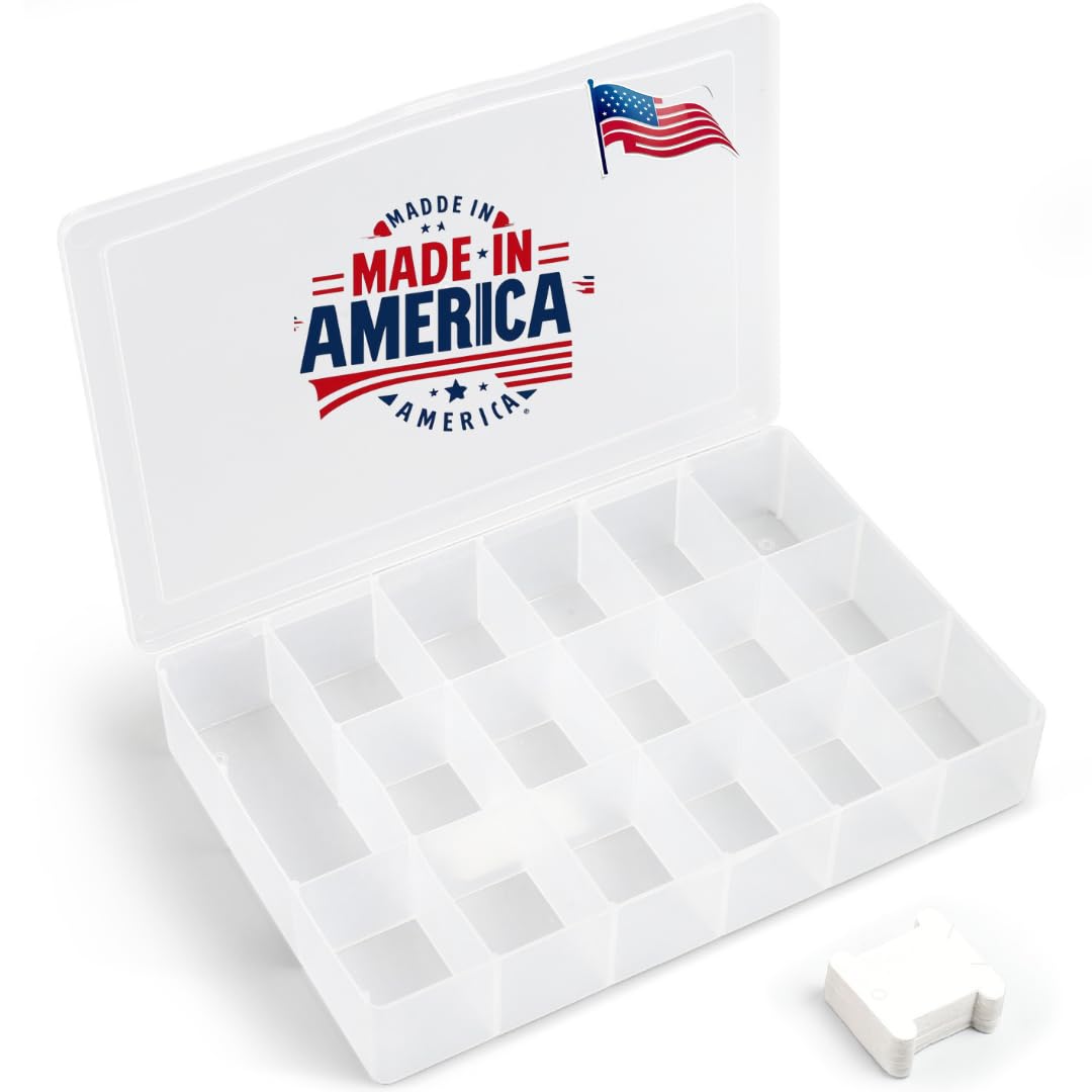 Embroidery Floss Organizer Box with 50 Cardboard Bobbins - 17 Compartments Clear embroidery thread organizer box, Snap-Tight Clear Sewing Organizer - Jewelry Bead Holder (Made in USA)