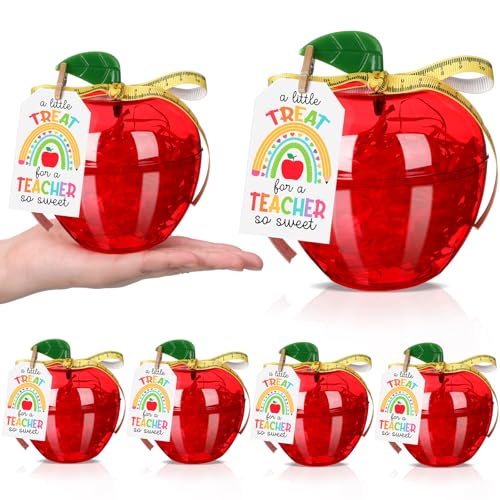 Mimorou 6 Sets Plastic Apple Containers for Teachers Red Apple Shaped Candy Jar Back to School Gifts with Thank You Cards Ruler Ribbon Raffia for Graduation Teacher Appreciation Gifts Decorations