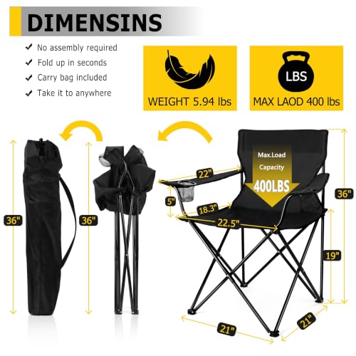Image of Portable Camping Chair Set of 2, Joyfair Outdoor Lawn Folding Chairs for Adults, Heavy Duty Large Foldable Chairs for Beach, Fishing, Tailgating and More Outdoor Sports, Carry Bag & Cup Holders, Black