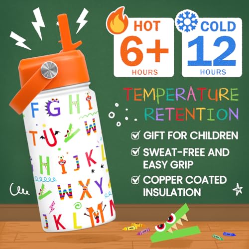 Image of SANDJEST Kids Water Bottle with Straw Lid - 12 Oz Alphabet Insulated Stainless Steel Water Bottles for Kid Girl Boys - Travel Cup for School Sports