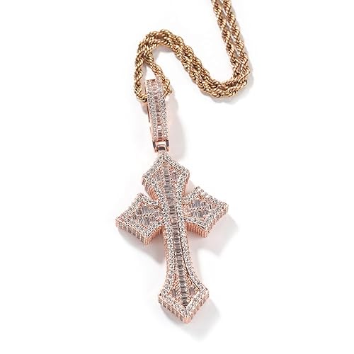 Luxury Crystal Cross Pendant Necklace with Rope Chain, Baguette Cut