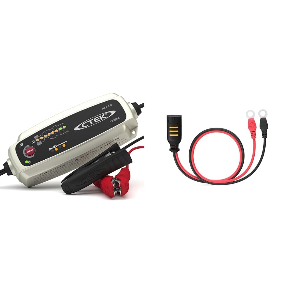 CTEK MXS 5.0 Batterieladegerät Mit Automatischer Temperaturkompensation, 12V 5.0 Amp & Comfort Connect Direct Connect Adapter (M6 Muttern), Ideal Für Schwer Erreichbare Batterien, 40cm Kabellänge