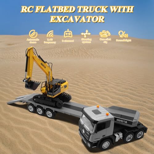 fisca RC Semi LKW und Bagger Spielzeug, 2.4Ghz Ferngesteuerter Pritschenwagen und Bagger Spielzeug, 1:24 RC Sattelzugmaschine mit Sound und Lichtern Geeignet für Baufahrzeuge für Jungen