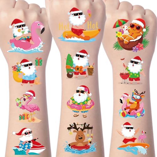 Gameza Tropical Christmas Temporary Tattoos - 200+ Santa in July Party Decorations Favors Supplies Summer Christmas Funny Tattoo Stickers Gifts Party Decor Rewards