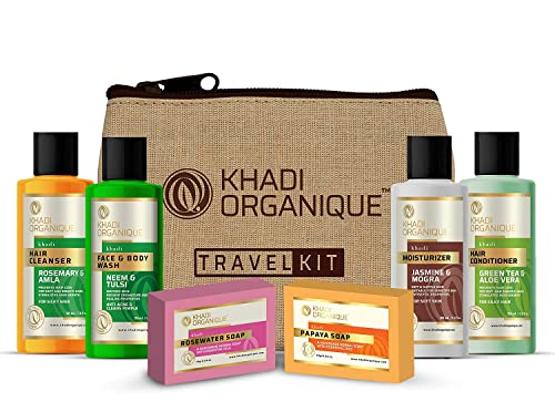 Image of khadi Organique Grooming Travel Kit Men & Women (2 Soap X 75gm each, 1 Shampoo 30ml,1 Conditioner 30ml, 1 Moisturiser 30ml, 1 Face Wash 30ml) 6 pcs in Set (Travel Kit Pack of 4))