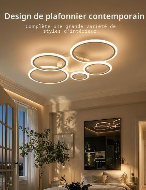 Plafonnier LED Salon 100cm Lustre Moderne 5 Anneaux 72W Dimmable (3000K-6500K) avec Télécommande et Minuterie Lampe de Plafond Or pour Chambre Salle à Manger