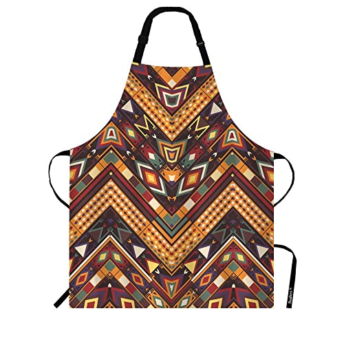 Beabes African Zigzag Stripes Chef Apron 27 X 31 Inch Ethic Chevron Geometric Pattern Durable Non-Pilling Bib Aprons For Bbq Grilling Gardening With Adjustable Neck Strap #TOP21