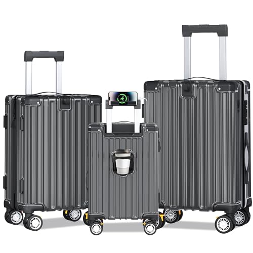 Luggage Sets 3 Piece, Lightweight Hardshell Luggage Sets with Double Spinner Wheels, ABS+PC Hardside Suitcase Set with TSA Lock & YKK Zipper for Women Men Travel, Expandable, 20/24/28 Inch, Grey