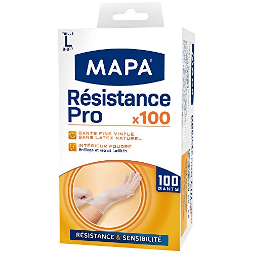 MAPA - Résistance Pro - Schachtel mit 100 feinen Vinyl-Reinigungshandschuhen und gepudertem Interieur - Latexfrei - Größe L.