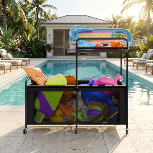StorageWorks Pool Float Storage, 340 Gallon Rolling Pool Storage Bin, Two-Tier Mesh Swimming Pool Toy Storage, Pool Noodles Holder for Toys, Floats, Balls and Floats Equipment, Black — view 6